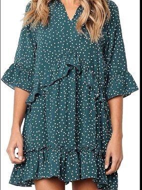 Teal Polka Dot Ruffle Shift Dress